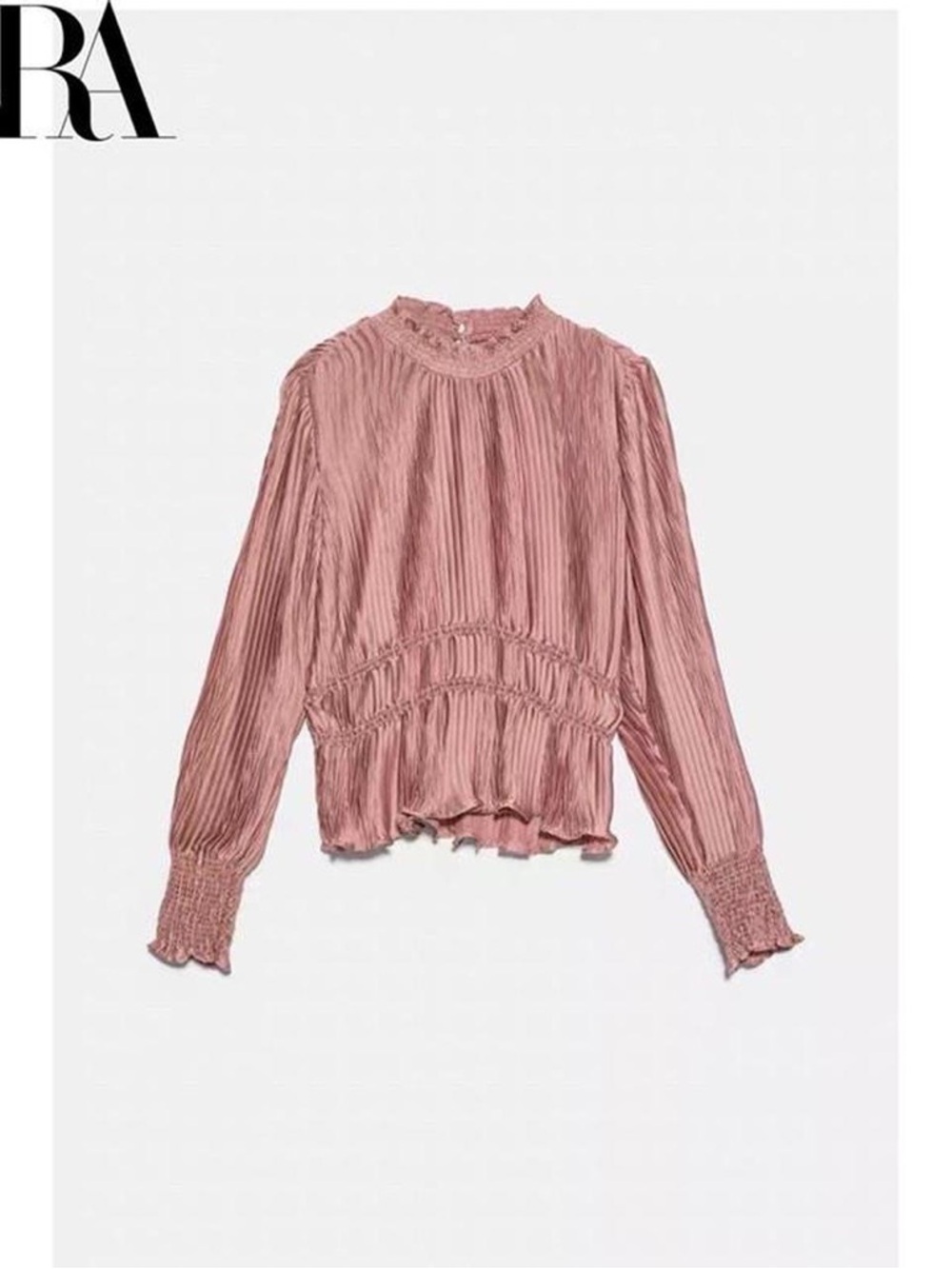 Zara Rose-Mauve Pleated Smocked Waist Long-Sleeve Blouse